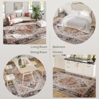 HOMCOM Area Rug 8x10, Machine Washable Rug, Non-Slip Boho Print Pattern Medallion Carpet for Living Room, Bedroom, Tawny Brown(m-6)