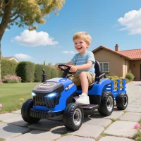 Qaba 12V Kids Ride On Tractor with Trailor, Remote Control, Music, Lights, Shifter, for Kids Ages 3-8 Years, Blue(m-1)