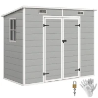Outsunny 8' x 4' Resin Outdoor Storage Shed with Floor, Window, Lockable Doors and Vents for Backyard Patio Lawn, Light Grey(m-11)