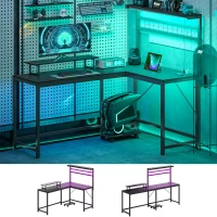 HOMCOM 61.6" L Shaped Gaming Desk with Power Outlets & LED Lights, Computer Desk with Monitor Stand and CPU Shelf, Black(m-11)