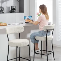 HOMCOM Set of 2 Barstools, Upholstered Corduroy Bar Stools with Backrest, Footrest for Kitchen Island, Dining Room, Cream White(m-10)