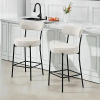 HOMCOM Set of 2 Barstools, Upholstered Corduroy Bar Stools with Backrest, Footrest for Kitchen Island, Dining Room, Cream White(m-1)