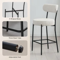 HOMCOM Set of 2 Barstools, Upholstered Corduroy Bar Stools with Backrest, Footrest for Kitchen Island, Dining Room, Cream White(m-6)