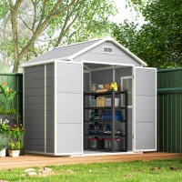 Outsunny 6' x 5' Plastic Outdoor Storage Shed, Garden Shed with Floor, Window, Lockable Doors and Vents, Wood Effect Grey(m-8)
