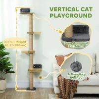 PawHut Cat Wall Shelves, Cat Wall Furniture with 4 Platforms, Jute Scratching Post for Indoor Playing, Climbing, Dark Grey(m-4)