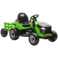 Qaba 12V Kids Ride On Tractor with Trailor, Remote Control, Music, Lights, Shifter, for Kids Ages 3-8 Years, Green(m-11)