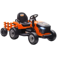 Qaba 12V Kids Ride On Tractor with Trailor, Remote Control, Music, Lights, Shifter, for Kids Ages 3-8 Years, Orange(m-11)