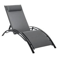 Outsunny Patio Lounge Chair, Aluminum Reclining Outdoor Tanning Chair with 5-Level Adjustable Backrest, Head Pillow and Breathable Mesh Fabric, for Pool, Deck, Garden, Grey(m-2)