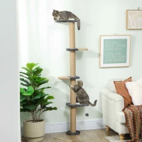 PawHut Cat Wall Shelves, Cat Wall Furniture with 4 Platforms, Jute Scratching Post for Indoor Playing, Climbing, Dark Grey(m-1)