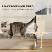 PawHut XL Stainless Steel Litter Box w/ 100° Flip Top, Scoop, Side Top Dual Entry, Odor Free, Easy Cleaning, Anti Leakage(m-9)