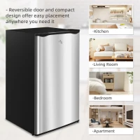 HOMCOM 3.2 Cu.Ft Mini Fridge with Freezer, Single Door Compact Refrigerator with Adjustable Thermostat, Shelf and Reversible Door for Bedroom, Dorm, Home Office, Energy Efficient, Silver(m-9)