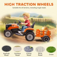 Qaba 12V Kids Ride On Tractor with Trailor, Remote Control, Music, Lights, Shifter, for Kids Ages 3-8 Years, Orange(m-10)