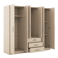 6-Door Wooden Wardrobe with 3 Drawers, MDF Construction, Silver Handles, Space-Saving Bedroom Storage, 71" L x 19" W x 68" H, Natural(m-8)