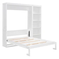 Full Size Murphy Bed with Dual Piston Mechanism, Storage Shelves, Space-Saving Wall Bed with Flexible Slats, 87.5" L x 16" W x 84" H, White(m-12)