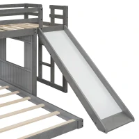 Wooden Twin Over Full Bunk Bed with Playhouse, Farmhouse Style Loft Bed with Ladder, Guardrails, 82" L x 89" W x 82.5" H, Antique Grey(m-11)