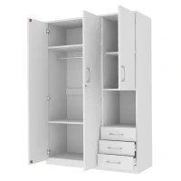 2-Door Wooden Wardrobe with Shelves and 3 Drawers, Built-in Hanging Rod and Lockable Drawer, 47" L x 20" W x 69" H, White(m-6)