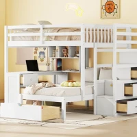 Full Over Twin Bunk Bed with Desk, Drawers and Shelves, Integrated Study Space, Space-Saving Design, 98" L x 80" W x 64.5" H, White(m-4)