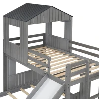 Wooden Twin Over Full Bunk Bed with Playhouse, Farmhouse Style Loft Bed with Ladder, Guardrails, 82" L x 89" W x 82.5" H, Antique Grey(m-10)