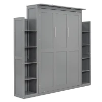 Full Size Murphy Bed with Shelves, LED Lights, Space-Saving Wall Bed with Flexible Slats, Dual Piston Mechanism, 91" L x 81" W x 84" H, Grey(m-13)