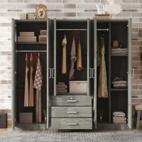 6-Door Wooden Wardrobe with 3 Drawers, MDF Construction, Compact Design, Space-Saving Bedroom Storage, 71" L x 19" W x 68" H, Grey(m-4)
