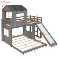 Wooden Twin Over Full Bunk Bed with Playhouse, Farmhouse Style Loft Bed with Ladder, Guardrails, 82" L x 89" W x 82.5" H, Antique Grey(m-3)
