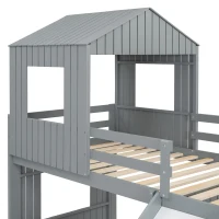 Wooden Twin Over Full Bunk Bed with Playhouse, Farmhouse Loft Bed with Ladder, Slide and Guardrails, 82" L x 89" W x 82.5" H, Grey(m-10)