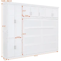 Queen Size Murphy Bed with Cabinets, Space-saving Design and Integrated Storage, Easy assembly, 117.5" L x 16" W x 88" H, White(m-14)