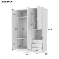 2-Door Wooden Wardrobe with Shelves and 3 Drawers, Built-in Hanging Rod and Lockable Drawer, 47" L x 20" W x 69" H, White(m-3)