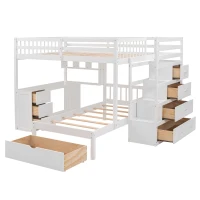Full Over Twin Bunk Bed with Desk, Drawers and Shelves, Integrated Study Space, Space-Saving Design, 98" L x 80" W x 64.5" H, White(m-6)