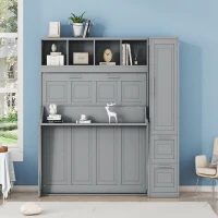 Full Size Murphy Bed with Closet and Drawers, Space-Saving Design and Integrated Storage, 107.5" L x 58" W x 72" H, Grey(m-5)