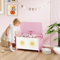 Qaba Toy Chest, Kids Storage Chest with Lid, Safety Hinges and Groove Handles for Boys, Girls, Pink(m-1)