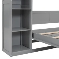 Full Size Murphy Bed with Shelves, LED Lights, Space-Saving Wall Bed with Flexible Slats, Dual Piston Mechanism, 91" L x 81" W x 84" H, Grey(m-12)