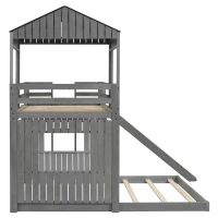 Wooden Twin Over Full Bunk Bed with Playhouse, Farmhouse Style Loft Bed with Ladder, Guardrails, 82" L x 89" W x 82.5" H, Antique Grey(m-8)