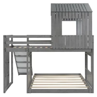 Wooden Twin Over Full Bunk Bed with Playhouse, Farmhouse Style Loft Bed with Ladder, Guardrails, 82" L x 89" W x 82.5" H, Antique Grey(m-7)