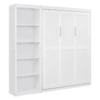 Full Size Murphy Bed with Dual Piston Mechanism, Storage Shelves, Space-Saving Wall Bed with Flexible Slats, 87.5" L x 16" W x 84" H, White(m-11)