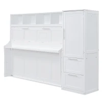 Queen Size Murphy Bed with Side Flip, Closet and Drawers, Space-saving Wall Bed with Integrated Storage, 112" L x 21.5" W x 78.5" H, White(m-12)