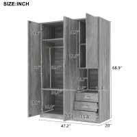 2-Door Wooden Wardrobe with Shelves and 3 Drawers, Built-in Hanging Rod, Safe and Stable Design, 47" L x 20" W x 69" H, Grey(m-3)