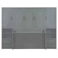 Modern Queen Size Murphy Bed with Closet, Drawers and Shelves, Space-saving Wall Bed with Integrated Storage, 114" L x 17" W x 87" H, Grey(m-6)