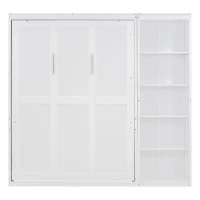 Full Size Murphy Bed with Dual Piston Mechanism, Storage Shelves, Space-Saving Wall Bed with Flexible Slats, 87.5" L x 16" W x 84" H, White(m-2)