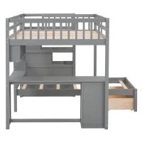 Full Over Twin Bunk Bed with Study Desk, Drawers and Shelves, Space-Saving Design, Ideal for Kids' Room, 98" L x 80" W x 64.5" H, Grey(m-15)