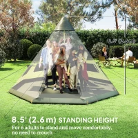Outsunny 6 People Camping in a Family Teepee Tent with Mesh Windows, Tent Floor, Door and Carry Bag for Hiking, Picnic, Grey(m-4)
