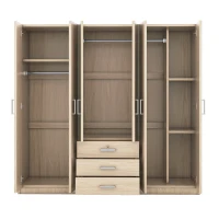 6-Door Wooden Wardrobe with 3 Drawers, MDF Construction, Silver Handles, Space-Saving Bedroom Storage, 71" L x 19" W x 68" H, Natural(m-7)