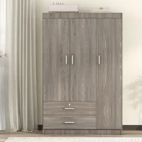 3-Door Wardrobe with 2 Drawers and MDF Construction, Modern Design with Hanging Rail and Shelves, 41.5" L x 18.5" W x 68" H, Grey(m-4)