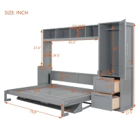 Full Size Murphy Bed with Closet and Drawers, Space-Saving Design and Integrated Storage, 107.5" L x 58" W x 72" H, Grey(m-3)