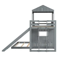Wooden Twin Over Full Bunk Bed with Playhouse, Farmhouse Loft Bed with Ladder, Slide and Guardrails, 82" L x 89" W x 82.5" H, Grey(m-7)