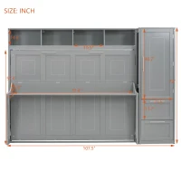 Full Size Murphy Bed with Closet and Drawers, Space-Saving Design and Integrated Storage, 107.5" L x 58" W x 72" H, Grey(m-14)
