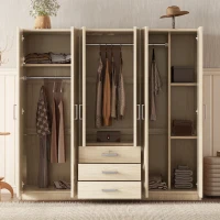 6-Door Wooden Wardrobe with 3 Drawers, MDF Construction, Silver Handles, Space-Saving Bedroom Storage, 71" L x 19" W x 68" H, Natural(m-1)