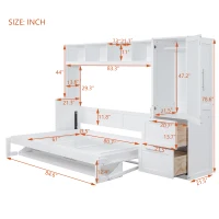 Queen Size Murphy Bed with Side Flip, Closet and Drawers, Space-saving Wall Bed with Integrated Storage, 112" L x 21.5" W x 78.5" H, White(m-3)