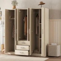 6-Door Wooden Wardrobe with 3 Drawers, MDF Construction, Silver Handles, Space-Saving Bedroom Storage, 71" L x 19" W x 68" H, Natural(m-5)