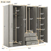 6-Door Wooden Wardrobe with 3 Drawers, MDF Construction, Compact Design, Space-Saving Bedroom Storage, 71" L x 19" W x 68" H, Grey(m-3)